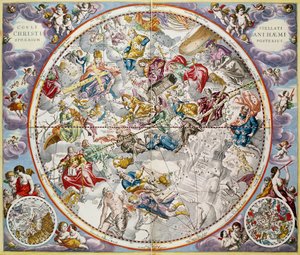 Julius Schillerin kuvaama kristittyjen tähtikuvioiden kartta "Taivaan atlas eli Universumin harmonia" (Atlas coelestis seu harmonia macrocosmica) -pubista. Kirjailija: Joannes Janssonius, A